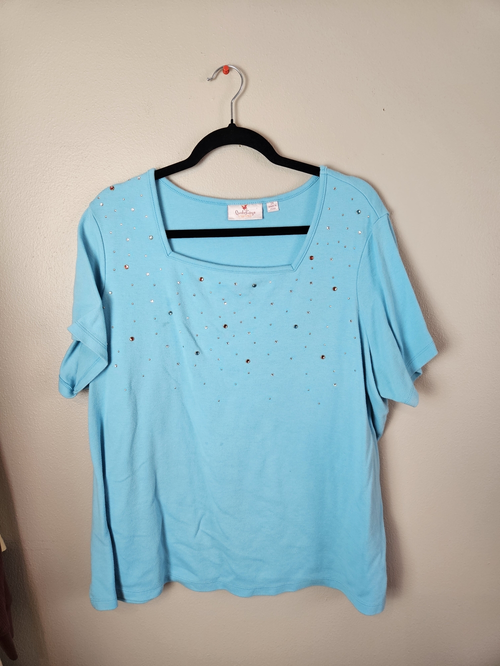 Quacker Factory Light Blue Scoop Neck Top with Rhinestones